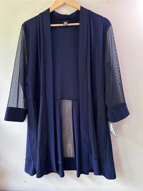 NWT R&M Richards Navy Blue Sheer Mesh Panel Open Front Duster Jacket Women's 16